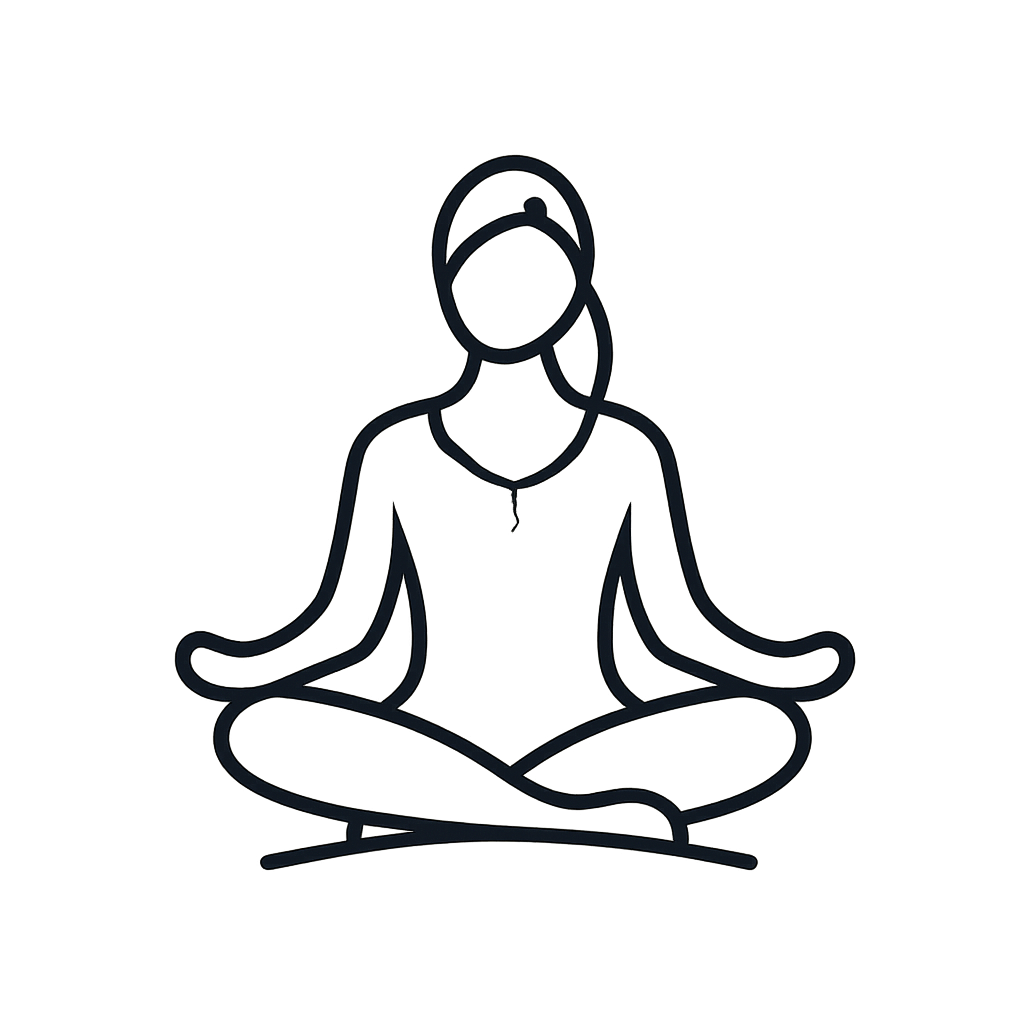 This image showcases a simple, digital line art depiction of a person seated in the lotus position, breathing deeply and c...