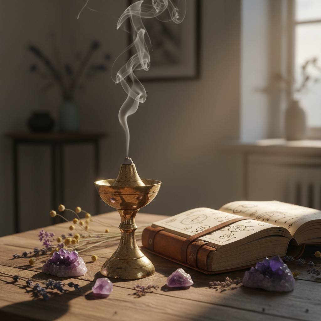 A brass incense burner emits a wispy trail of smoke, placed on a table amidst an assortment of items, including: * An open...